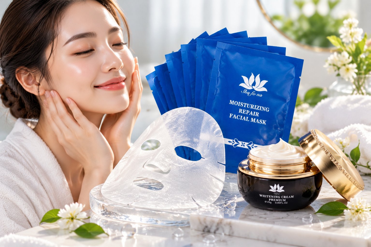 Bố cục cận cảnh (close-up) sang trọng thể hiện quy trình 2 bước: bên trái là miếng mặt nạ giấy dồi dào dưỡng chất trong veo…